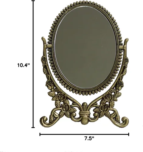 Miniatura 8 de SEHAMANO - Espejo de mesa de maquillaje con patrón de rosas en relieve, espejo decorativo ovalado, marco de metal giratorio de doble cara