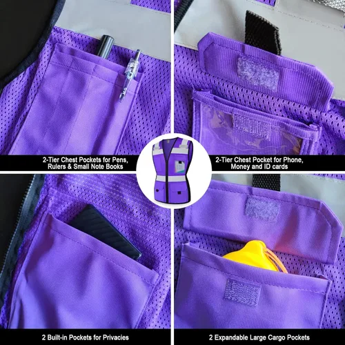 Miniatura 4 de TCCFCCT Chaleco de alta visibilidad para mujer, chaleco de seguridad reflectante ajustado con cremallera reforzada, chaleco de trabajo de Serie