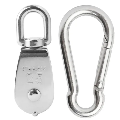 Miniatura 2 de 3 piezas de acero inoxidable 304 M32 de un solo bloque de polea, cuerda de alambre colgante rueda de remolque, con 3 ganchos de resorte