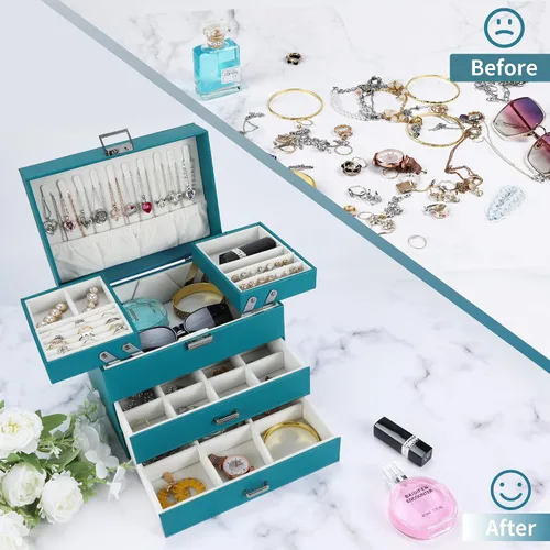 Miniatura 2 de Dajasan Organizador de joyero, caja organizadora de joyas, caja de almacenamiento de joyería de cuero de 4 capas, idea de regalo para mujeres