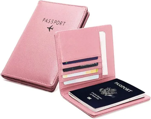 Miniatura 2 de AIIGOU Cartera de viaje de cuero para pasaporte con bloqueo RFID, funda de cuero para tarjetas, Rosado