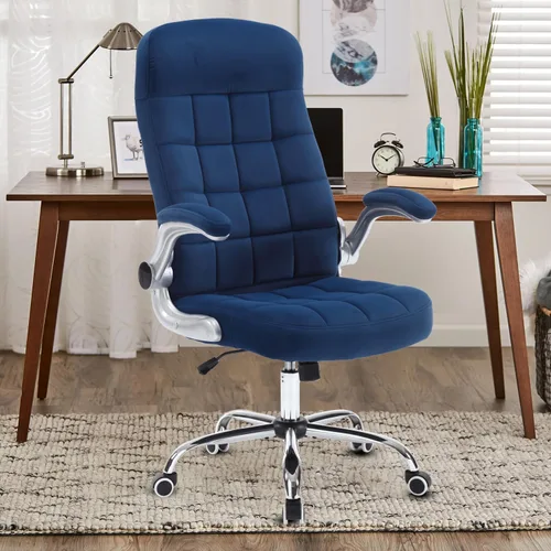 Silla de oficina en casa de tela, cómoda, silla de escritorio ejecutiva de terciopelo con respaldo alto con brazos abatibles, sillas de oficina Azul
