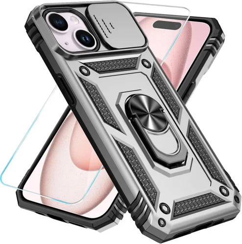 Miniatura 20 de SunStory Funda compatible con iPhone 15 con protector de pantalla HD, cubierta de cámara deslizante y soporte de anillo giratorio, [grado militar]