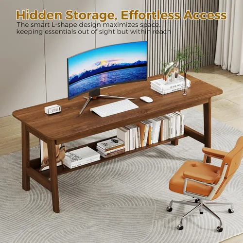 Miniatura 8 de 63" Solid Wood Office Desk, Mid-Century Modern Home Office Computer Desk with Storage Shelf, Large 2-Person Writing Study Table Workstation, Walnut