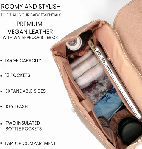 Miniatura 3 de Mochila para pañales de cuero vegano de alta calidad, bolsa de bebé de diseño grande, elegante mochila para pañales con correas para cochecito