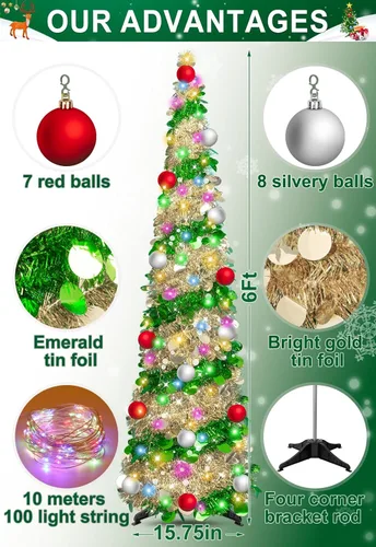 Miniatura 2 de Árboles de Navidad artificiales de 6 pies, árbol de Navidad artificial, plegable con temporizador, 100 luces, 15 bolas, lápiz de oropel, árbol