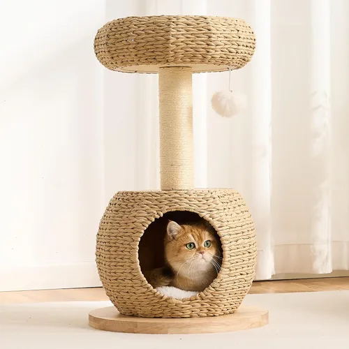Miniatura 10 de Moderna torre de árbol para gatos de interior, madera maciza de 30 pulgadas y ratán para gatos con postes rascadores y auto arreglado, cama de felpa