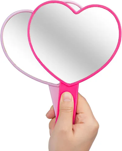 Miniatura 3 de Espejo de mano de maquillaje en forma de corazón, espejo de mano de viaje, espejo cosmético personal portátil con asa (rosa)