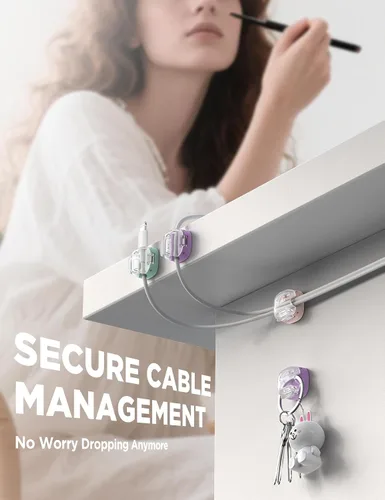 Miniatura 8 de Clips para cables, paquete de 8 organizadores de cables [1 bloqueo y adhesivo más fuerte], clips de resorte para cable de teléfono, cargador
