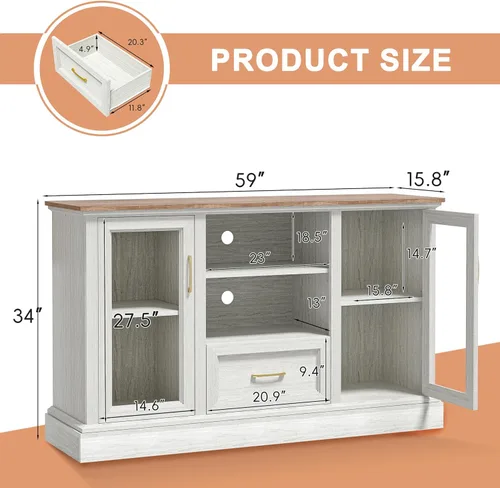 Miniatura 2 de Soporte de TV de granja para TV de 55/60/65 pulgadas, consola multimedia alta con 2 puertas de vidrio y 3 estantes ajustables, centro