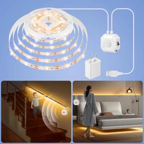 Luz con sensor de movimiento para interiores debajo de la cama, tira de luces LED activadas por movimiento regulable de 16.4 pies para dormitorio,
