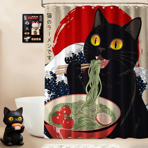Miniatura 19 de Cortina de ducha estrecha con diseño de gato negro y animé japonés para casa rodante, juegos de decoración de baño, tela impermeable con ganchos, 36