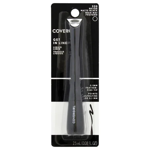 COVERGIRL Get In Line - Delineador de ojos líquido, cristal negro, de larga duración, 0.08 onzas, punta fina, mango de agarre de contorno,