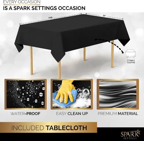 Miniatura 3 de Juego de suministros negros para fiestas, platos de papel, vasos de plástico, tenedores, cuchillos, cucharas, servilletas, mantel para 20 invitados