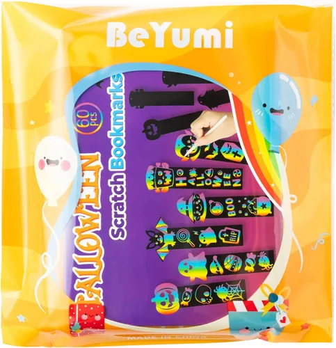 Miniatura 6 de BeYumi Juego de 60 marcapáginas de rascar de Halloween para niños, bricolaje, calabaza, murciélago, bruja, Frankenstein, espeluznante, vampiro
