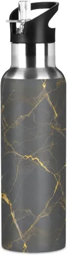 Gray Marble Gold Yellow Insulated Water Bottle 32 Oz, BPA-Free Sports Water Bottle with Straw Leakproof Water Bottles