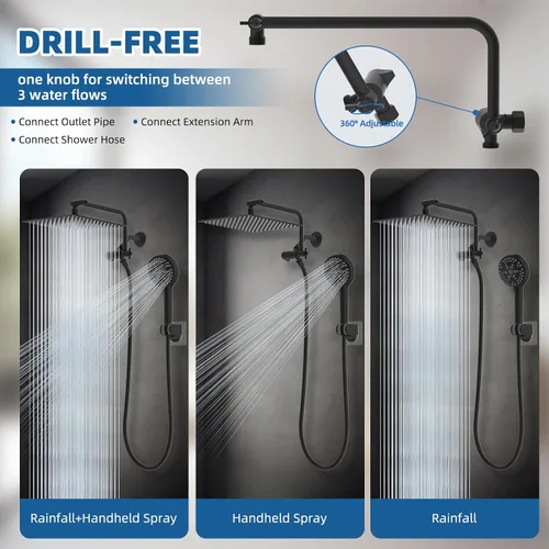 Miniatura 3 de Cabezal de ducha de metal de 12 pulgadas, cabezal de ducha de alta presión, cabezal de ducha de mano con brazo de extensión de ducha ajustable de 11