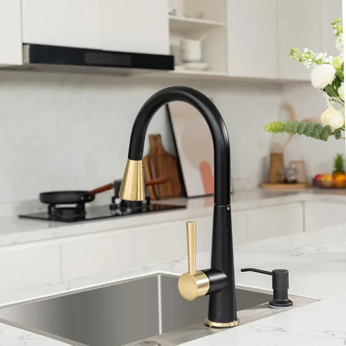 Miniatura 7 de Lava Odoro - Grifo de cocina con rociador extraíble, grifo de fregadero de cocina negro mate y dorado cepillado, grifo negro y latón para fregadero