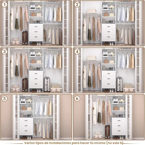 Miniatura 5 de Sistema de Organización de Closet Besiost con Cajón - Sistema Organizador de Closet de Madera de 8 Pies con 3 Barras para Colgar y Torre de Blanco