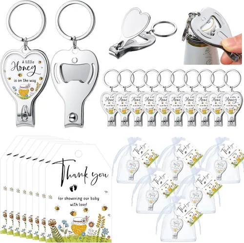 Miniatura 10 de Wesiti 25 juegos de llaveros para baby shower para invitados Baby in Bloom con cortaúñas y abridor de botellas, tarjeta de agradecimiento y bolsa