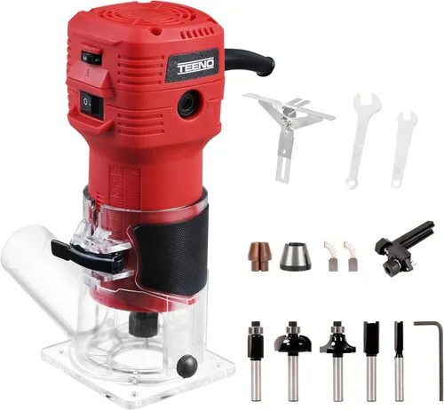 TEENO Herramienta Router, Router de Madera Compacto de 650W 110V para Carpintería, Router Manual de Recorte de 32000 RPM con Juego de Brocas de