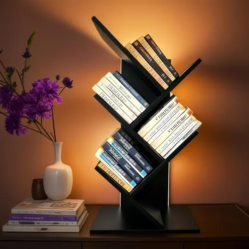 Miniatura 17 de Godferyxin Estantería de árbol, estantería pequeña de madera de 3 niveles y mini estantería para oficina, hogar o escuela, estante de escritorio