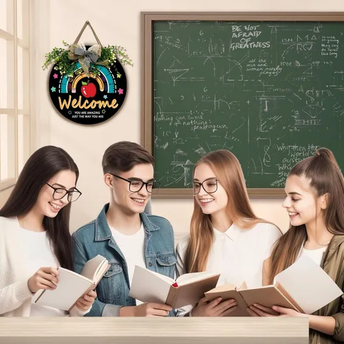 Miniatura 4 de Señal de puerta de maestro para aula Dacawin Señal de puerta de aula de madera para maestros Guirnalda de arco iris para puerta de aula Placa
