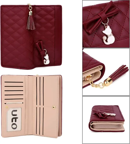 Miniatura 5 de UTO Cartera de piel sintética para mujer, de gran capacidad, colgante de gato, soporte para teléfono, organizador de chequera, con cremallera