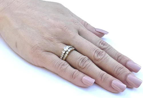 Miniatura 3 de Juego de 3 piezas de anillos de compromiso para él y para ella de oro IP de circonia cúbica