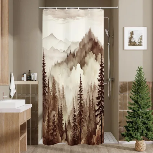 Miniatura 19 de Litabel - Cortina de ducha negra pequeña de 36 x 72 pulgadas, diseño de bosque de pino neblinoso, cortinas de ducha estrechas de medio