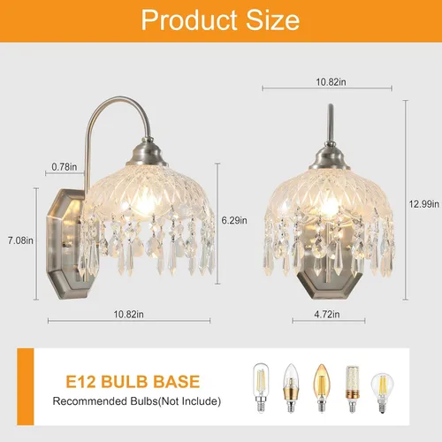Miniatura 2 de Juego de 2 apliques de pared modernos, cristal de cristal, apliques de níquel para decoración de pared, juego de 2 acabados, para dormitorio, baño