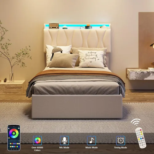Miniatura 7 de Fameill Marco de Cama Twin con Almacenamiento Elevable, Cabecera Ajustable, Estación de Carga, Luces LED, Listones de Madera, Sin Ruido, No Requiere