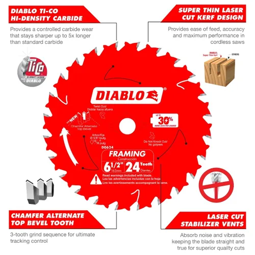 Miniatura 3 de Freud D0624A Diablo 6-1/2 pulgadas 24T ATB Perma-Shield Hojas para sierra de marco, paquete de 2