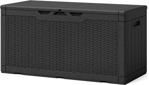 Miniatura 17 de Patiowell Caja de resina de 100 galones con cojín, caja de almacenamiento impermeable grande para exteriores para muebles de patio y herramientas