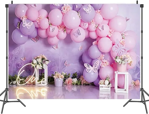 Miniatura 5 de Fondo de fotografía para fiesta de cumpleaños de niña, globos rosas y morados, mariposa, país de las maravillas, baby shower, flores, fondo
