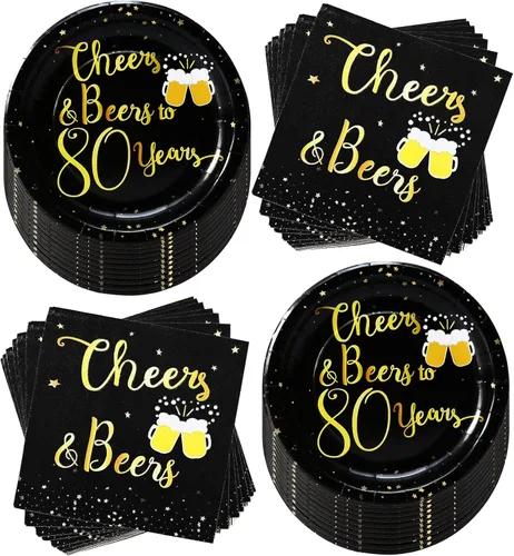 Miniatura 9 de Suministros para fiesta de cumpleaños de 90 años, juego de vajilla de alegría y cervezas, platos de 7 pulgadas y servilletas para suministros