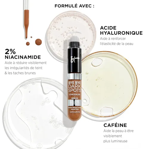 Miniatura 4 de IT Cosmetics Bye Bye Dark Spots Corrector + suero iluminador – 2% niacinamida, ácido hialurónico y cafeína – Cobertura media, acabado natural, todo
