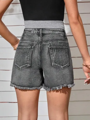 Miniatura 2 de Verdusa Pantalones cortos de mezclilla de maternidad para mujer, cintura alta, rasgados, dobladillo sin procesar, pantalones cortos de embarazo