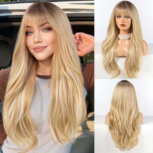 Miniatura 19 de HAIRCUBE Peluca larga rubia mezclada con marrón con flequillo, pelucas rizadas en capas para mujeres, pelucas sintéticas naturales para uso diario