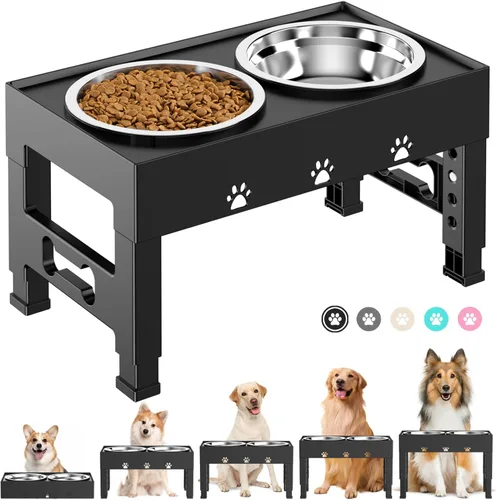 Cuencos elevados para perros con 2 cuencos de acero inoxidable, soporte ajustable de 5 alturas (3.1 pulgadas, 9 a 12 pulgadas), para una mejor Negro