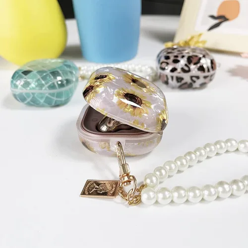 Miniatura 4 de Compatible con Samsung Galaxy Buds 2 Pro/2 Funda floral con llavero de perlas lindo para mujer, funda protectora Girasol
