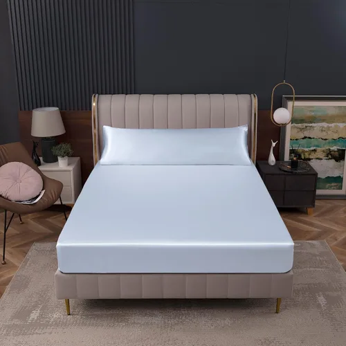 Miniatura 8 de Homiest Sábana bajera ajustable de satén azul bebé, tamaño individual, bolsillo profundo, ropa de cama lujosa y ultrasuave
