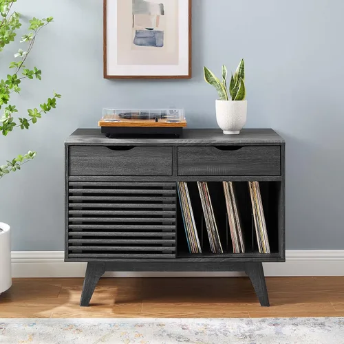 Miniatura 2 de Modway Render Mid-Century - Soporte para discos de vinilo de 37 pulgadas con cajones en color carbón