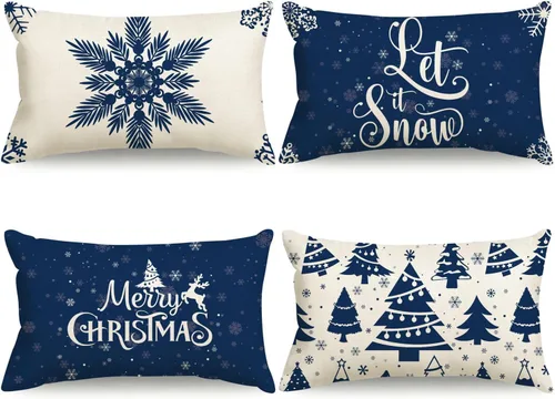 Miniatura 11 de Juego de 4 fundas de almohada de Navidad de 16 x 16 pulgadas, decoración de Navidad azul, copos de nieve, árbol de Navidad, decoración de invierno