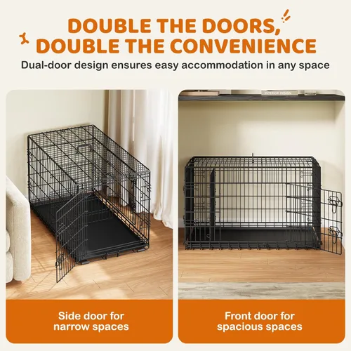 Miniatura 7 de Yaheetech Jaula para perros de doble puerta de 42 pulgadas con divisor para cachorros a adultos, caja de metal plegable XL con bandeja extraíble