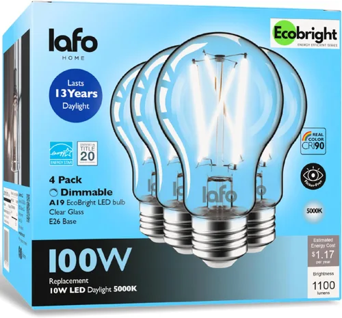 Miniatura 12 de EcoBright - Paquete de 4 bombillas de filamento LED A19 regulables, 10 W, equivalente a 100 W, 1100 lúmenes, blanco cálido, 2700 K, base E26, CRI90