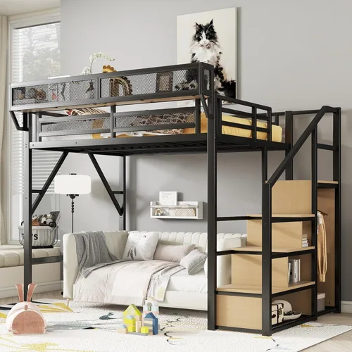 Miniatura 9 de KEIKI Base de cama de metal tamaño individual con escalera convertible, estantes de almacenamiento integrados y armario, cama alta con listones