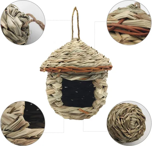 Miniatura 2 de Paquete de 3 casas de colibríes, nido de pájaros tejido a mano para colgar al aire libre, pequeñas casas de pájaros de hierba para exteriores