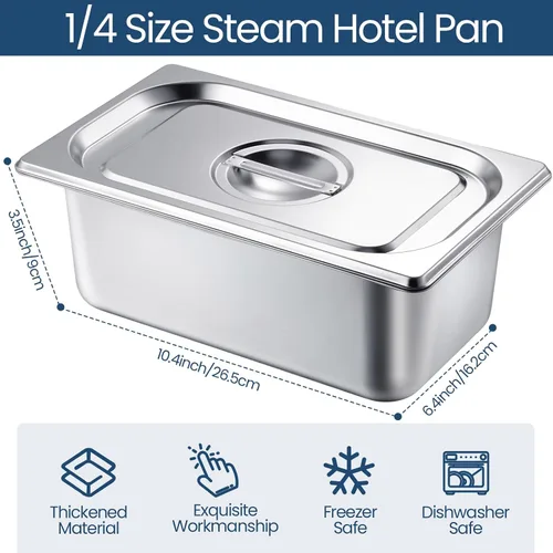 Miniatura 2 de Zubebe Paquete de 16 sartenes de hotel con tapa, mesa de vapor de 4 pulgadas de profundidad, acero inoxidable de 0.035 in de grosor, sartenes