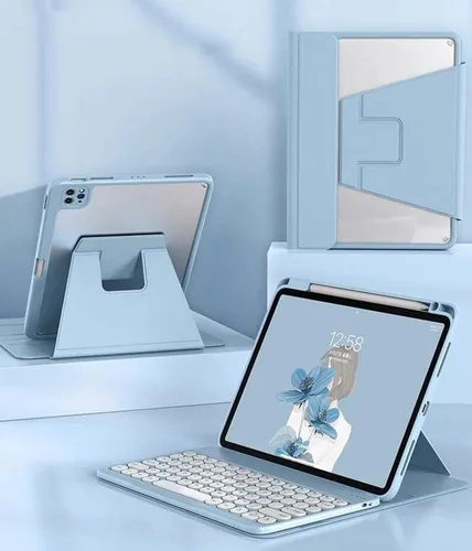 Miniatura 8 de Funda para iPad de 9ª/8ª/7ª generación con teclado de 10.2 pulgadas, cubierta inteligente giratoria con teclado redondo magnético desmontable, azul